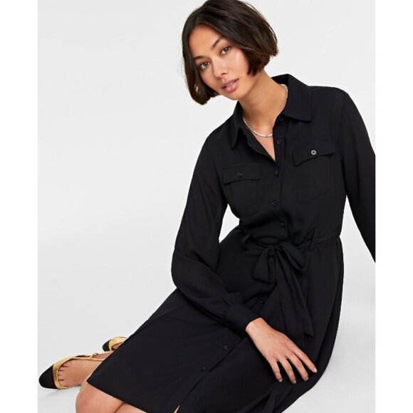 On 34th Plus Size Long-Sleeve Belted Black Shirtdress NWT - Picture 3 of 12